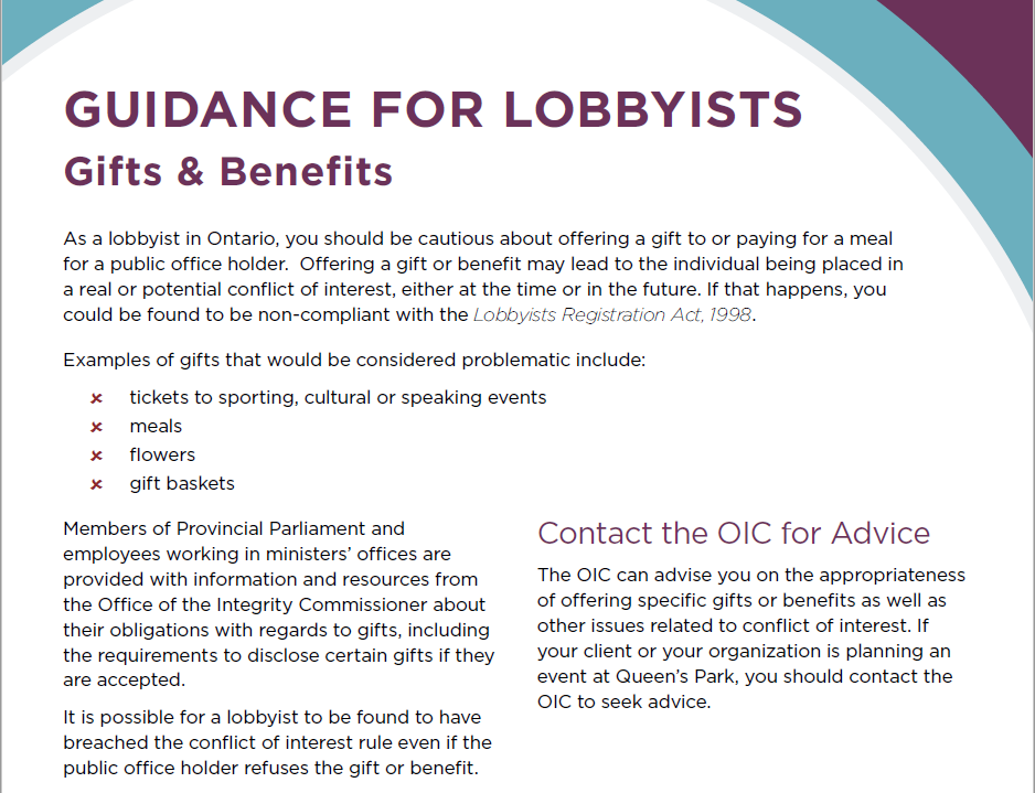Gift Guidance Lobbyists Guidance for Lobbyists - Gifts