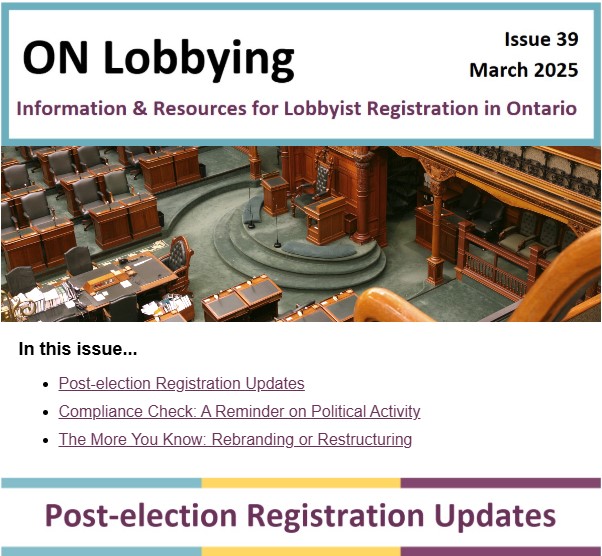 Image of the most recent issue of the ON Lobbying newsletter