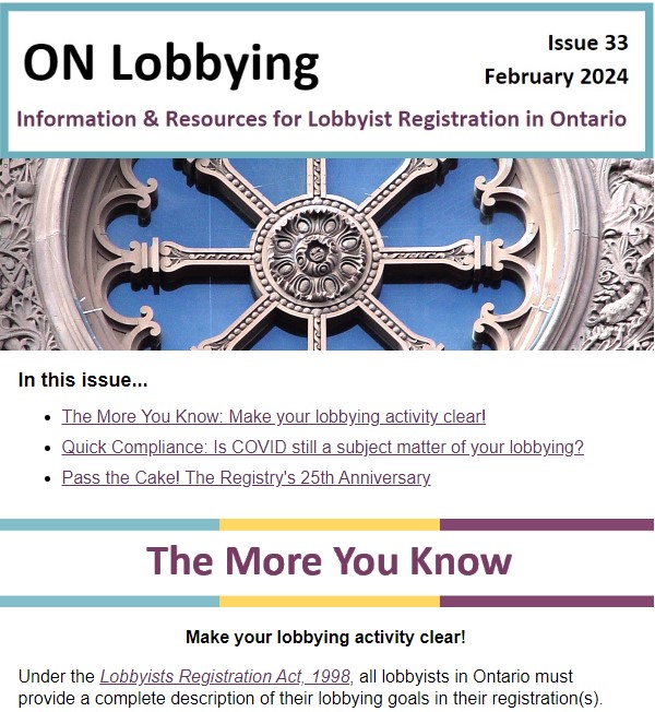 Image of the most recent issue of the ON Lobbying newsletter
