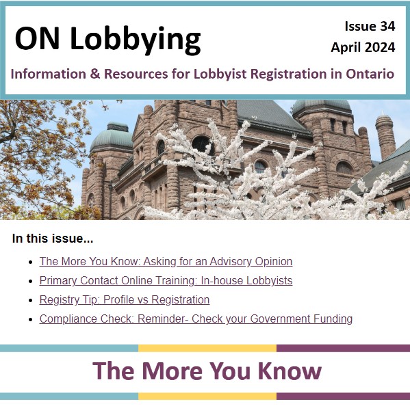 Image of the most recent issue of the ON Lobbying newsletter