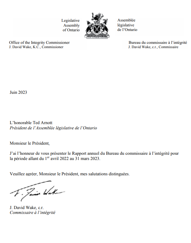 the commissioners letter to the speaker of the legislative assembly announcing the release of the 2022 2023 annual report
