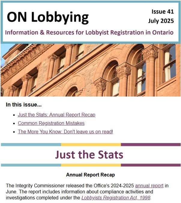 Image of the most recent issue of the ON Lobbying newsletter