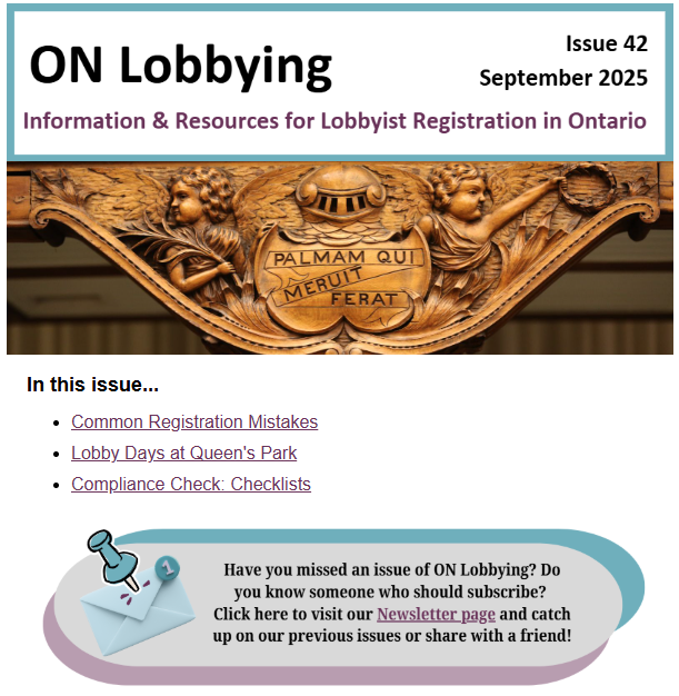Image of the most recent issue of the ON Lobbying newsletter