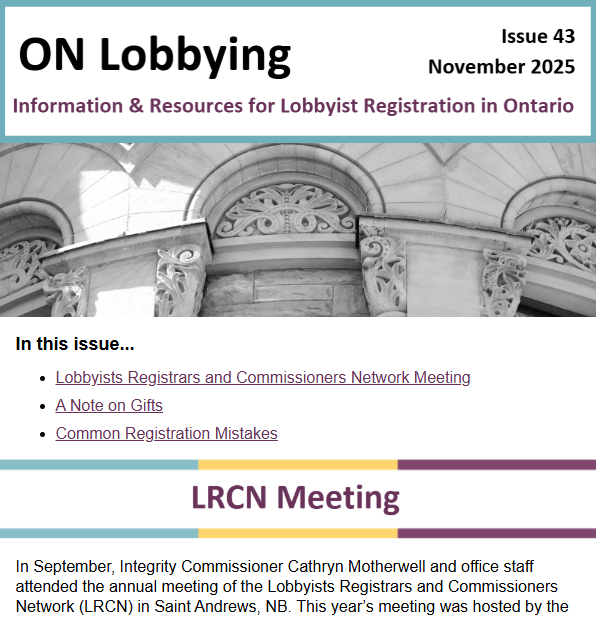 Image of the most recent issue of the ON Lobbying newsletter