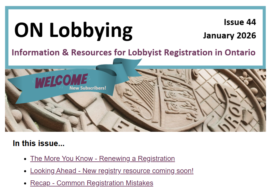 Image of the most recent issue of the ON Lobbying newsletter