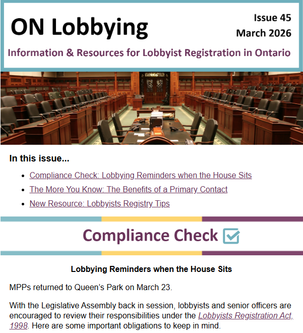 Image of the most recent issue of the ON Lobbying newsletter